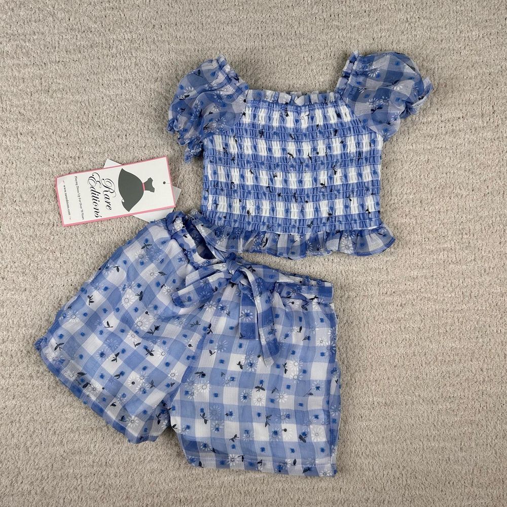 Rare Editions Outfit Girls 12M Blue Plaid Smocked Ruffle Top w/ Matching Shorts‎